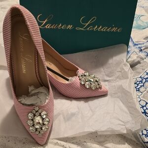Lauren Lorraine Pink Striped Heels with Jewel Embellishment